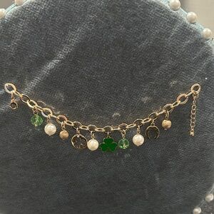Gold-Tone Green Clover Charm Bracelet with Pearls